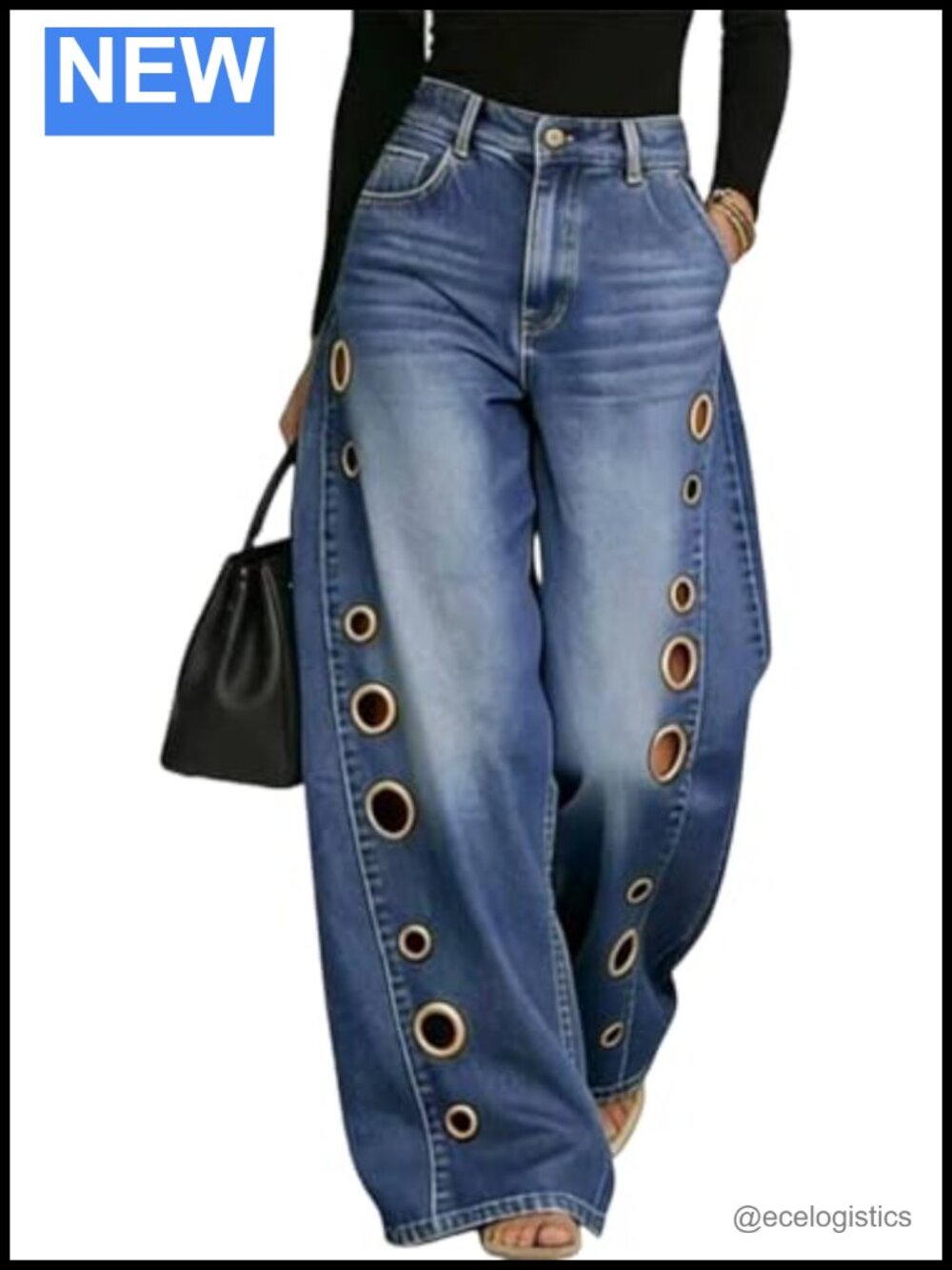 Wide Leg Baggy Jeans with Metal Circle Cut Out Detail Y2K Stretchy Denim Pants